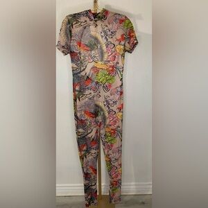 Sheer Mesh Tattoo Print Jumpsuit Mock Neck back Cutout